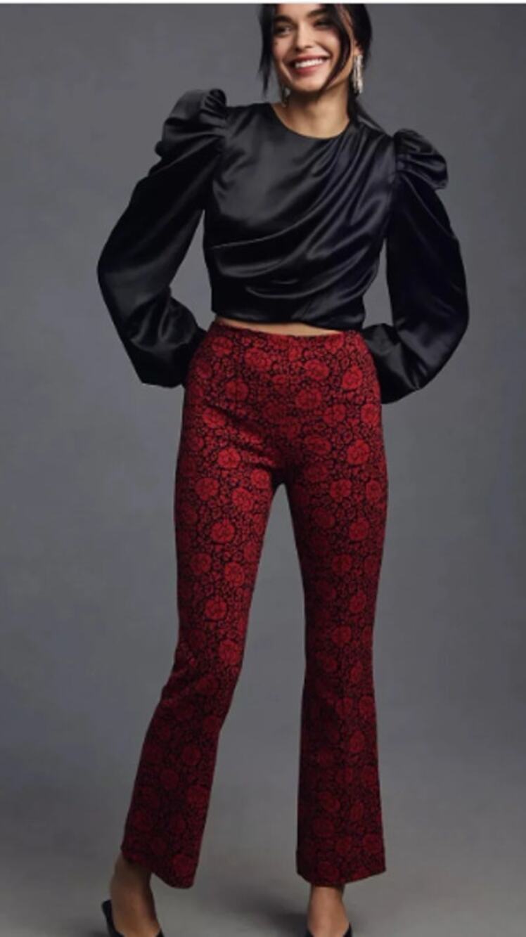 Maeve S The Margot Kick-flare Cropped Pants Red Black Rose Floral Preppy
